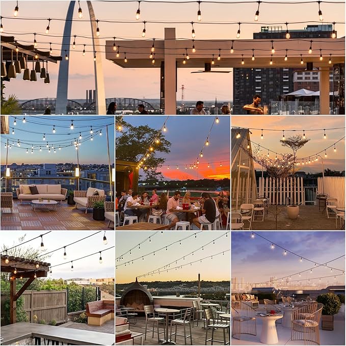 Svater 48 FT Outdoor String Lights 2W, Commercial Grade Patio Light with 15 pc Edison Shatterproof Bulbs, IP65 Waterproof LED Hanging Lighting for Bistro Cafe Market Outside Backyard, Warm White 2700K