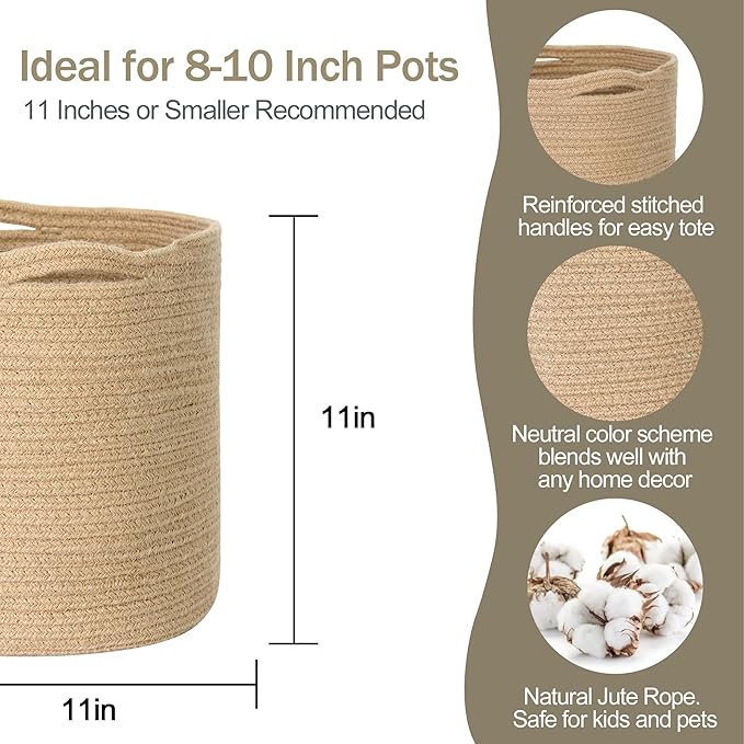 Woven Jute Plant Basket, Wicker Basket Planter for 10 inch Pot, Round Indoor Outdoor Tree Pot Cover, Small Boho Storage Bin Organizer, Rustic Basket for Plants and Home Decor, 11”X11”