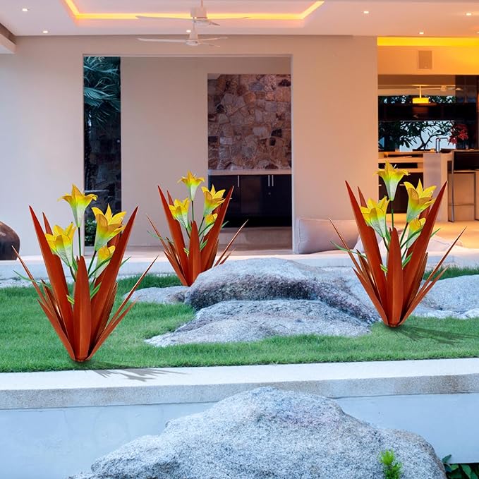 Homight Metal Agave Plant Outdoor Decoration Outdoor Garden Decoration Lily Mexican Yard Art Plant Garden Agave Lily Decorative Garden Gift… (3 Big Yellow Lilies)