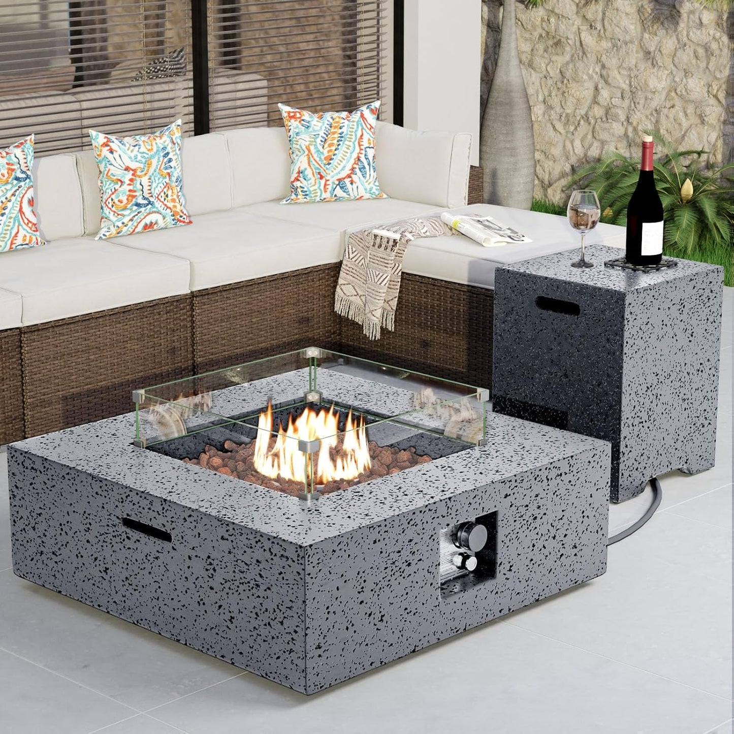 COSIEST Outdoor Propane Fire Pit Coffee Table w Square Faux Stone 35-inch Base, CSA Certified, 50,000 BTU Stainless Steel Burner, Free Lava Rocks and Rain Cover, Wind Guard, Tank Cover,Gray