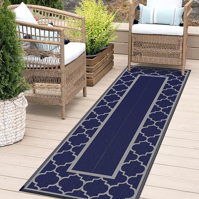 GENIMO 2.5 ' x 8 ' Outdoor Rug for Porch Patio Clearance, Waterproof Indoor Outdoor Plastic Straw Rugs Carpet, Reversible Outside Area Rv Mat for Camping, Balcony, Deck, Picnic, Beach (Blue & Gray)