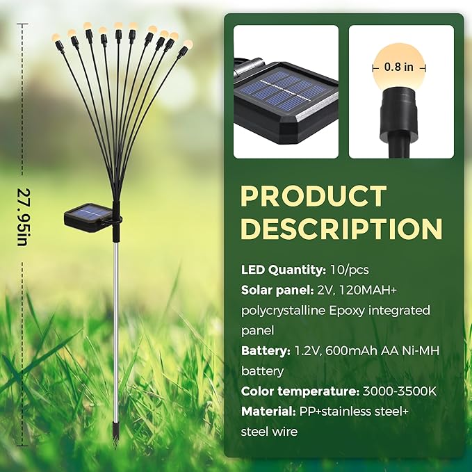 Solar Garden Lights, 20 LED Firefly Garden Lights Solar Outdoor, Solar Lights for Outside Sway by Wind,Solar Lights Outdoor Waterproof for Christmas Yard Patio Pathway Decoration (2 Pack)