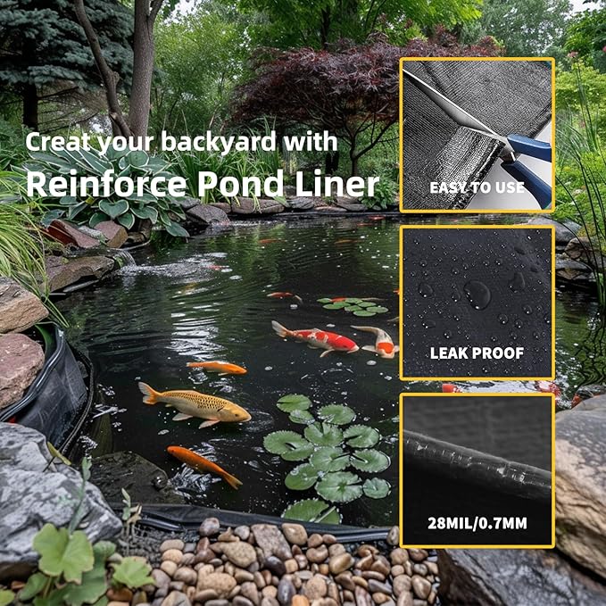 TEZONG Pond Liner,5x8Ft Pond Liners for Outdoor,28Mil PE Black Koi Fish Pond Liners,Reinforced Pond Underlayment for Water Garden,Waterfall,Fountain
