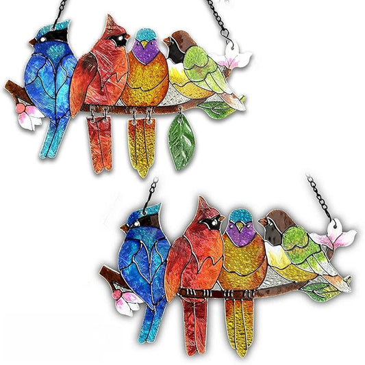 2 Pack Stained Glass Window Hanging - Hummingbird Decorations Suncatcher Hand-Painted Double Sided Birds on A Branch Sun Catcher for Window Home Decor Gifts for Mom,Bird Lovers