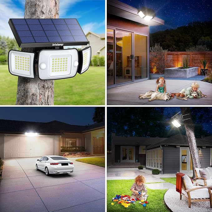 intelamp Solar Flood Lights Outdoor Waterproof, 6000mAh 1200LM Solar Powered Dual Motion Sensor LED Lighting Dusk to Dawn Security Floodlight Exterior with Remote for Outside Garden House Patio