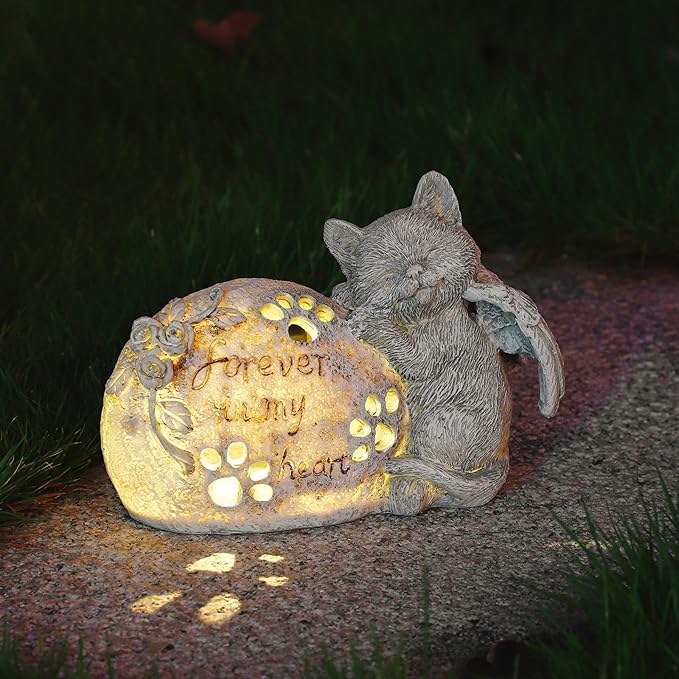 Cat Memorial Gifts Outdoor Statue with Solar Lights,Outdoor Resin Pet Ornament Grave Memorial Angel Decor Stone Effect