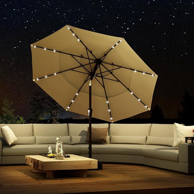 Kingdura 9ft 3-Tier Patio Umbrella with Solar Lights, Table Umbrella Outdoor Patio with Easy Crank & Tilt, 8 Sturdy Ribs, UV Protection, 32 LED Lights for Deck, Poolside, Market (Beige)