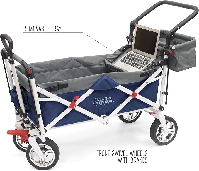 Creative Outdoor Wagon for Kids Push Pull Collapsible Stroller Folding Cart | Silver Series | Beach Park Garden & Tailgate | Navy Blue