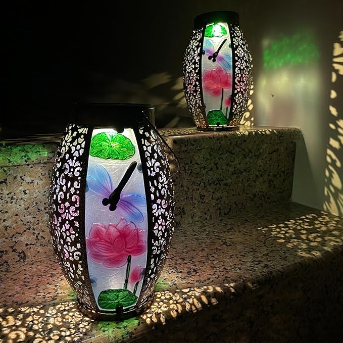 2PCS Dragonfly Solar Lanterns Glass & Metal Hanging Light Outdoor Waterproof 16" H Tabletop Lamp with Hollowed-Out Design with Shepherd's Hooks for Garden Patio Table Decor