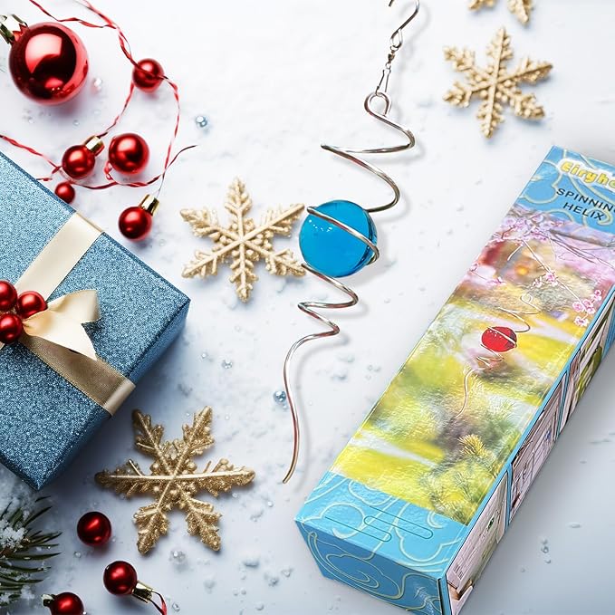 Gazing Ball Spiral Tail with Blue Glass Orb, 3D Wind Spinners Stabilizer, Wind Spinner Spiral, Hanging Rotating Art Decor - Visual Illusion in Spinning, Indoor Outdoor Garden Decoration 13in