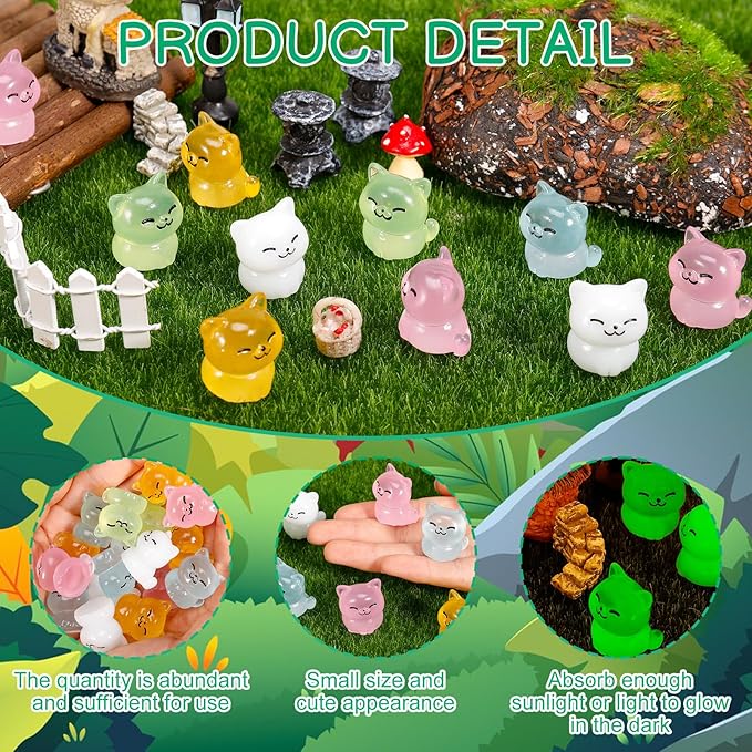100 Pcs Luminous Mini Cat Figurines Resin Tiny Cat Animal Figurines Glow in The Dark Miniature Cat Statues Ornaments for DIY Cake Decoration Ornaments Crafts Moss Landscape Decoration