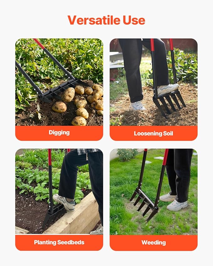 VEVOR Broad Fork, 5-Tine Pitchfork with Dual Fiberglass Handles, Heavy Duty Garden Fork, Ergonomic U-Shaped Design Broadfork Hand Tiller, Gardening Tool for Composting Transplanting Aeration