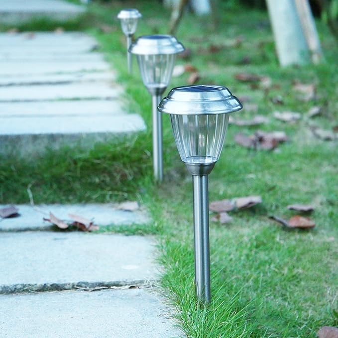Solar LED Outdoor Lights 8-Pack Stainless Steel Pathway Landscape Lights for Outdoor Path Patio Yard Deck Driveway and Garden, (Silver)