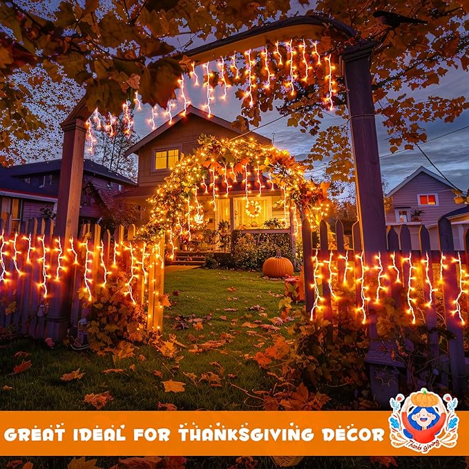 JMEXSUSS Orange Lights for Thanksgiving, 400 LED Orange Icicle Lights Outdoor, 8 Modes Orange Lights with 80 Drops Thanksgiving String Lights Plug in for Fireplace Indoor House Roof Outdoor Holiday