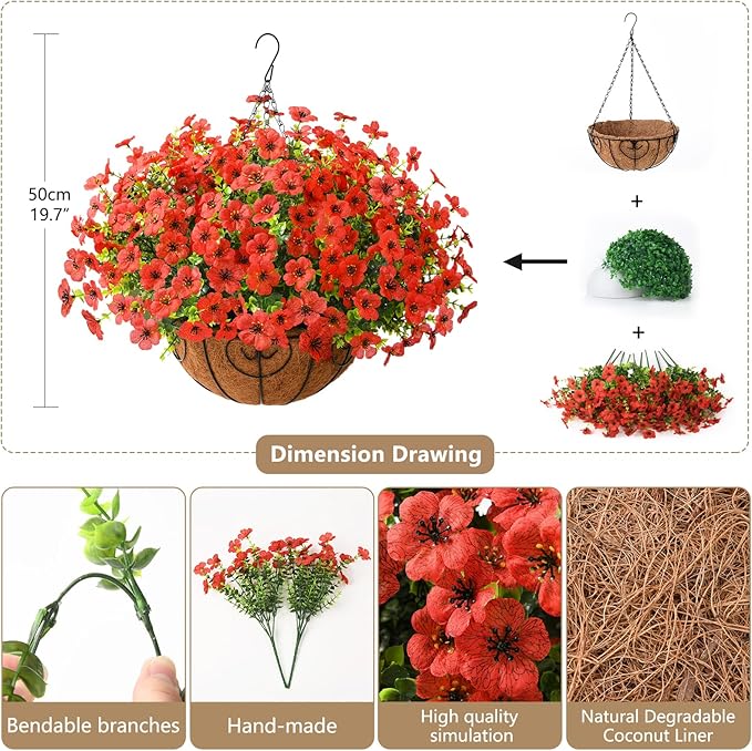 Artificial Faux Hanging Plants Flowers Basket Outdoor Porch Garden Spring Decoration, Fake Silk Daisy in Planter Realistic UV Resistant for Outside Home Patio Balcony Yard(Red)