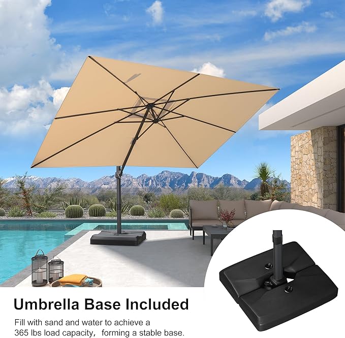 PURPLE LEAF 9' × 11.5' Patio Cantilever Umbrella with Base Outdoor Rectangle Adjustable Offset Umbrellas with 360-degree Rotation and 8 Heavy Duty Metal Ribs for Garden Deck Pool Beige