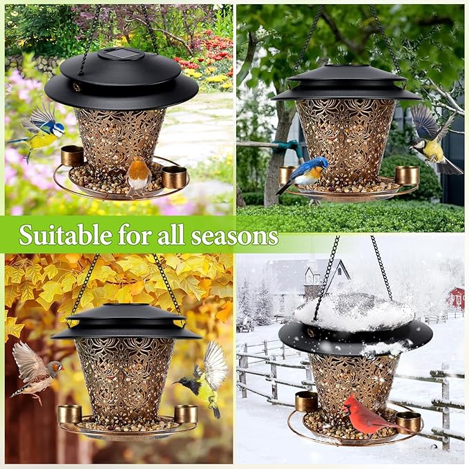 Solar Bird Feeders for Outside Hanging Metal Wild Bird Feeder Solar Lanterns Outdoor Waterproof Garden Decor for Yard Brown