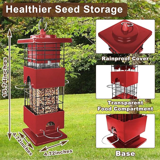 Squirrel Proof Bird Feeder, 3LBS Large Capacity Hanging Bird Feeders for Outdoors, Weight-Activated Perches Metal Anti-Squirrel Birdfeeder for Blue Jay, Cardinal, Outside (Red)
