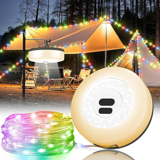 Camping String Lights, 4 in 1 Quick Storage 32.8FT Rechargeable Tent Lights with 6 Modes Hanging Waterproof Camp Lamp Camping Essentials for AwnTent Hiking Yard Garden Bedroom Festival -Multicolor