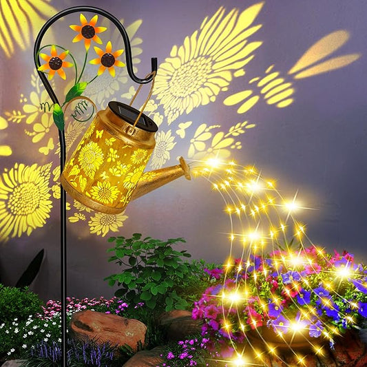 Solar Watering Can Lights Outdoor Garden Decor, Large Sunflower Hanging Lantern with Shepherd Hook, Yellow LED, Gold Finish, Floral Theme, Outdoor Decoration, Parties, Occasions