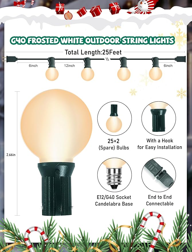 G40 Globe String Lights Outdoor, 25Ft Outdoor Christmas Decoraions Lights with 27 5W Frosted White Lights(2 Spare), Vintage Christmas Light for Garden Party Wedding Backyard Patio, Green Wire