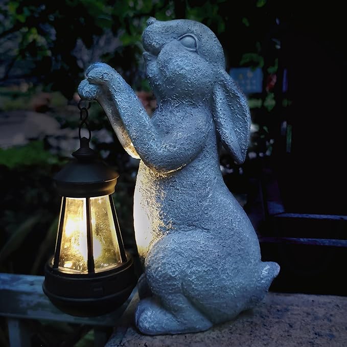 Rabbit Solar Garden Outdoor Statues,Resin Rabbit Figurine Decorations with Solar Lights Lantern, Outdoor Rabbit Art Decor for Lawn,Yard, Unique Housewarming Gift for Garden Home