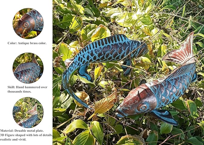 Set of 2 Koi Fish Decor Outdoor Statues Sculptures Antique Copper Garden Pond Fishes Art Metal Koi Fish Statue Outside Garden Décor Ornaments for Outdoors,Patio,Yard,Lawn,Pond,Home Decorations