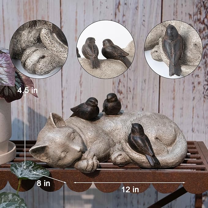 Sleeping Cat Garden Statues Outdoor - 12"Sparrows On Cat Figurine Memorial Statue Grave Markers Garden Resin Sleeping Cat Statues for Garden Decor Outdoor Cat Statue Resin 12" x 8" x 4.5"LC LCdecohome