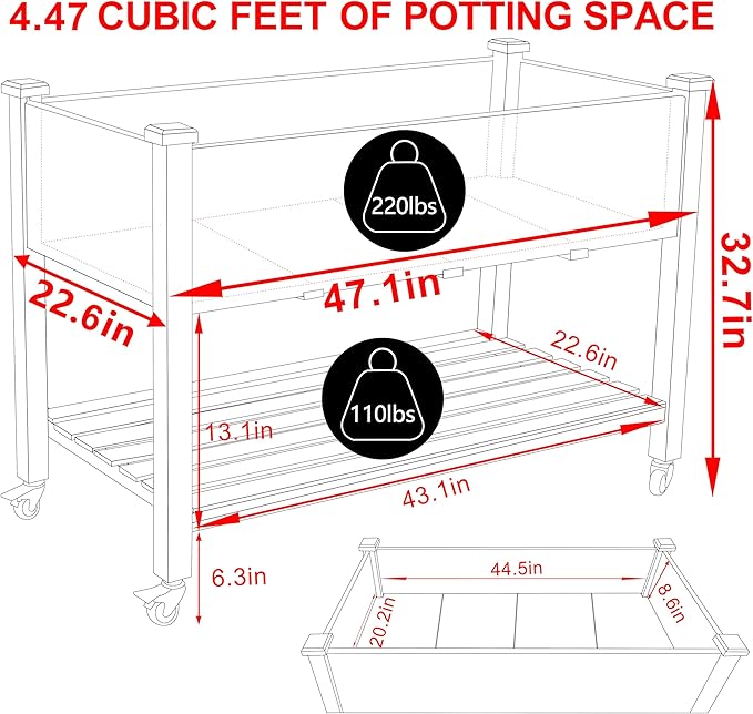 MUPATER 4 x 2 Raised Garden Bed, Elevated Garden Bed with Drainage Holes, Planter Box with Four Wheels and Legs for Herbs and Vegetables, Greenhouse, Garden, Farm, Gray
