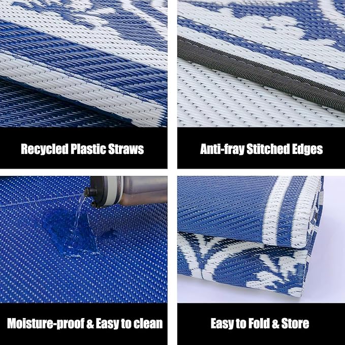 Plastic Outdoor Rug 6'x9' Waterproof Camping Carpet Outside Area Rug Reversible Light Blue Rugs for RV Deck Entryance Porch Picnic Balcony Beach