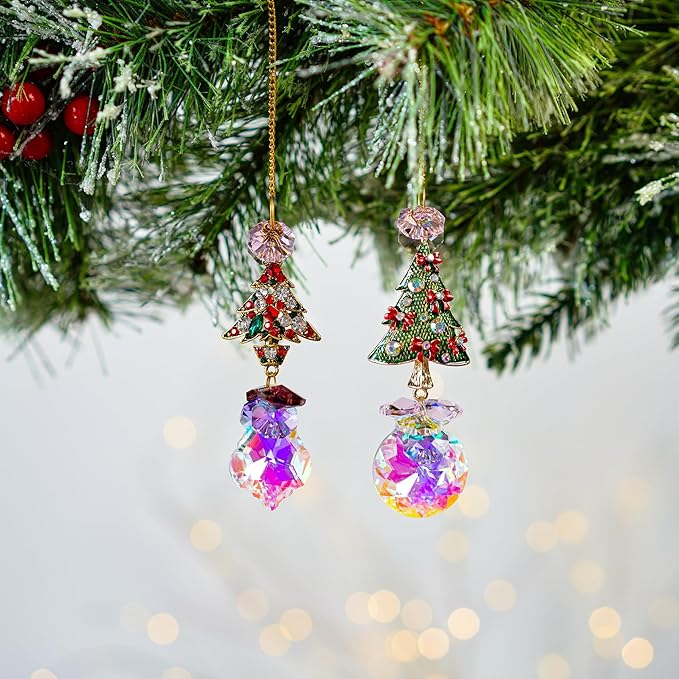 2PCS Rhinestones Christmas Tree Ornaments Suncatcher Prisms Hang for Tree Window Christmas Eve Party