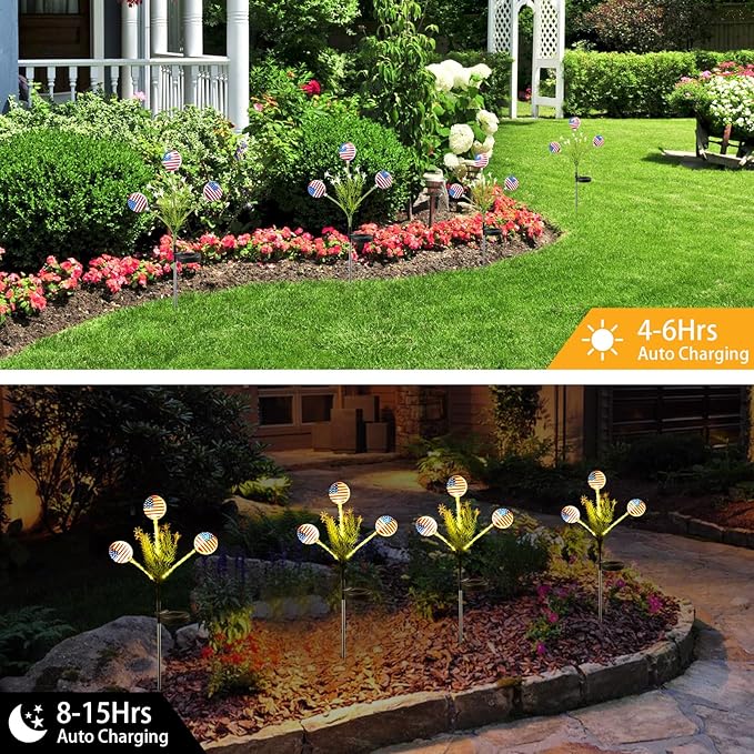 Solar Lights Outdoor Waterproof, 2 Pack American Flag Garden Lights for Yard,Garden,Patio,Pathway Decoration, Landscape Ambient Lighting for Festival,Holiday,Party,Christmas Gifts New Year Decorations