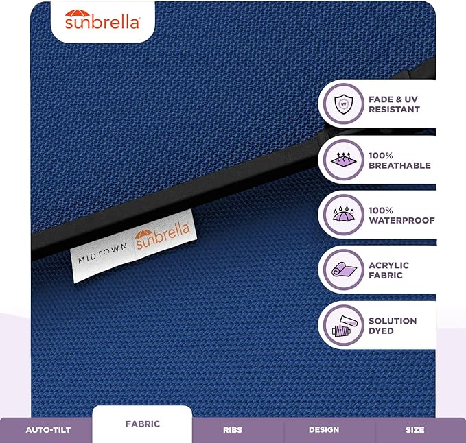 Midtown Umbrellas Sunbrella Umbrella 9 Feet Outdoor Umbrella With Dark Blue Acrylic Fabric - Auto-Tilt Aluminum Frame Patio Umbrella For Backyard, Deck, Garden, Pool - Black Pole