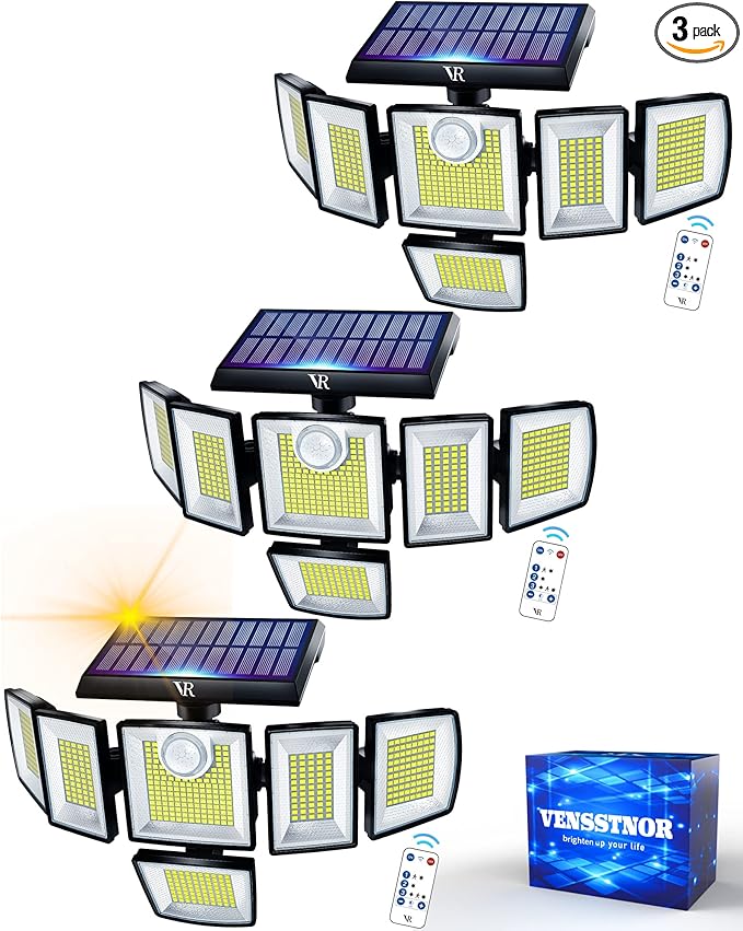 Solar Motion Sensor Flood Lights Outdoor - 496LEDs 3500LM 3 Lighting Modes 3 Levels Brightness, 6 Heads 360° Illumination, IP65 Solar Security Lights,for Porch Yard Patio Garage(3 Packs)