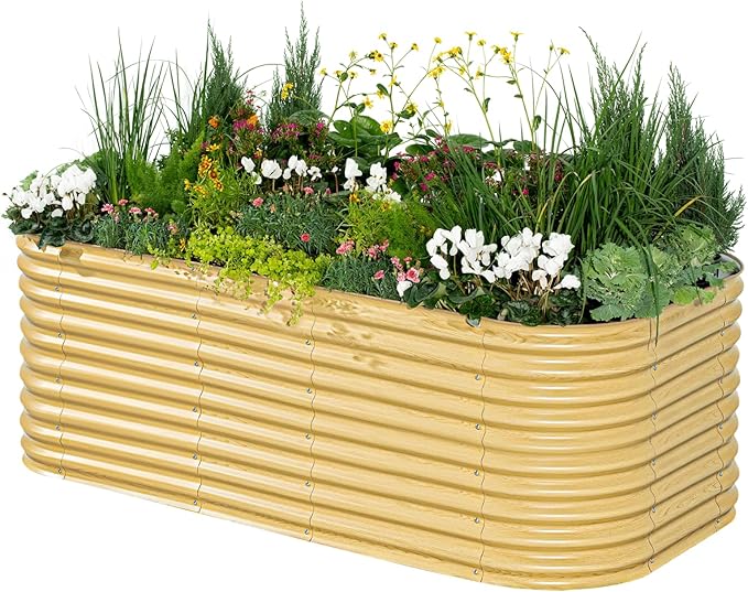 Vego garden 32" Extra Tall Raised Garden Bed Kits, 10 in 1 Modular Raised Planter Box for Vegetables Flowers Fruits Oval Metal Raised Garden Bed, Sunlit Oak