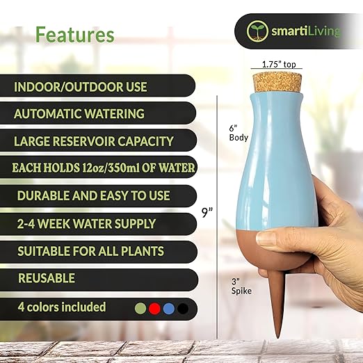 Drip Irrigation Stakes - Extra Large Improved Drip Easy-Refill 4 Week Waterer System with Large Reservoir Bulbs - Automatic Self-Watering Device for Indoor & Outdoor Plants