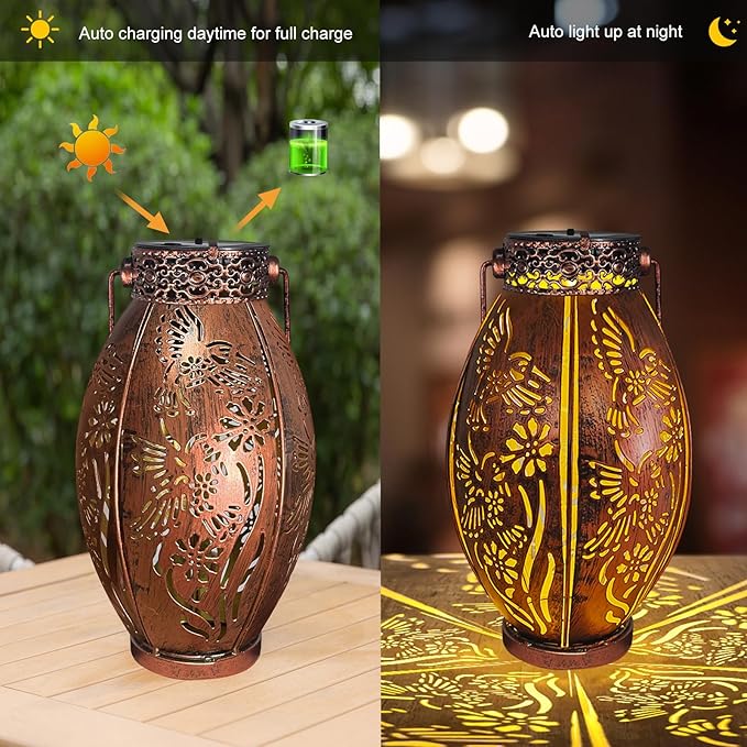 pearlstar 2 Pack Decorative Solar Lantern Lights for Hanging or Table Outdoor Solar Light for Patio Yard Garden Lawn Landscape Lighting Waterproof, Gift for Wamen Men Mom, Warm Lights,Hummingbird