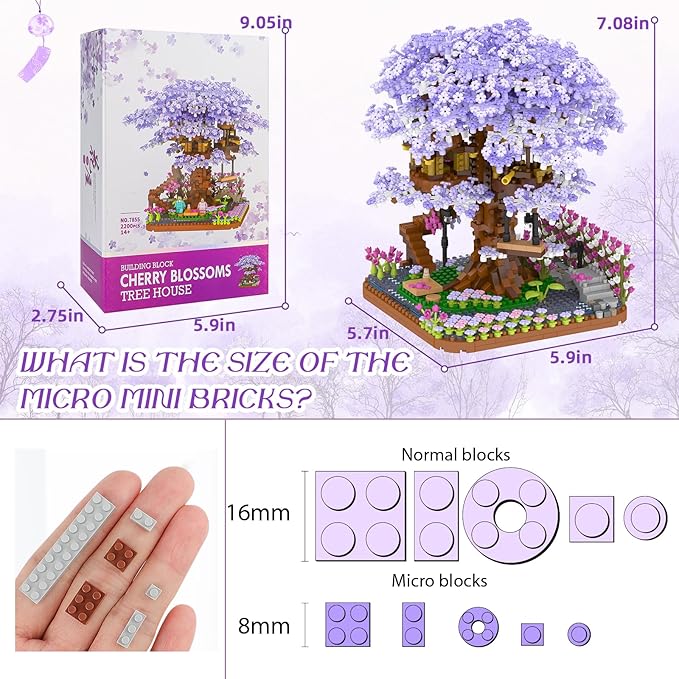 Cherry Blossom Bonsai Tree Mini Micro Building Set, Japanese Sakura Tree House Model Sets for Adults, Flowers House Mini Bricks Building Kit, Creative Gift Toys for Kids 12-14 (2200PCS)
