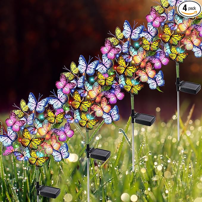 Solar Garden Lights Solar Lights Outdoor Waterproof Decorative 4 Pack with 144 LED 68 Butterfly Solar Lights for Garden Yard Decor Christmas Decorations, Gifts for Mother's Day Mom
