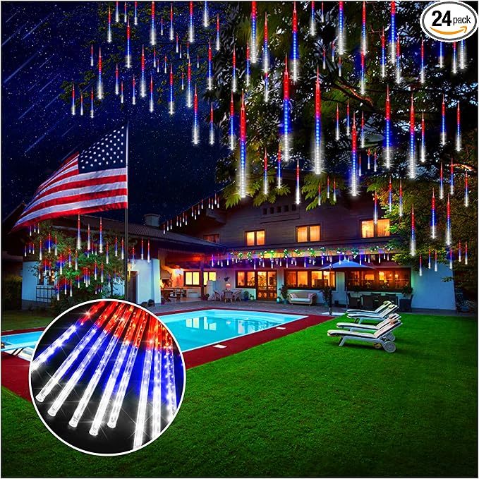 KNONEW 24 Tube Red White and Blue Meteor Shower Lights 4th of July Decorations,16 in 672 LEDs String Lights,52FT Plug in Waterproof Outdoor Lights for Independence Day House Tree Party Decor