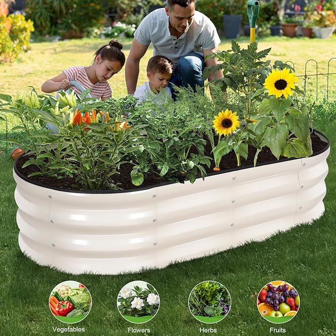Galvanized Raised Garden Bed Outdoor - 4×2×1ft Planter Raised Beds for Gardening | Oval Metal Garden Planter Box with Safety Edging and Gloves for Vegetables Fruits and Flowers - White