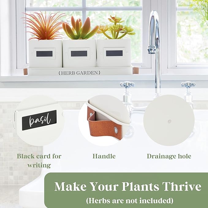 PERFNIQUE Indoor Herb Garden, Herb Garden Planter Set with Tray, Farmhouse Indoor Plant Pots, Windowsill Herb Garden with Drainage(Planter only) for Indoor/Outdoor, Window Pots(White)