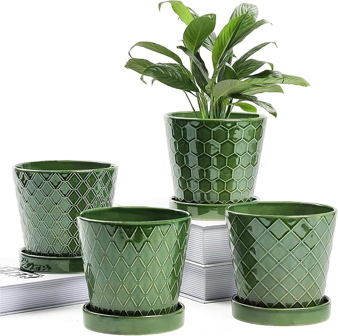Plant Pots Indoor –5 inch Ceramic Flower Pot with Drainage Hole and Ceramic Tray - Gardening Home Desktop Office Windowsill Decoration Gift, Set of 4-Plants NOT Included (Patina)