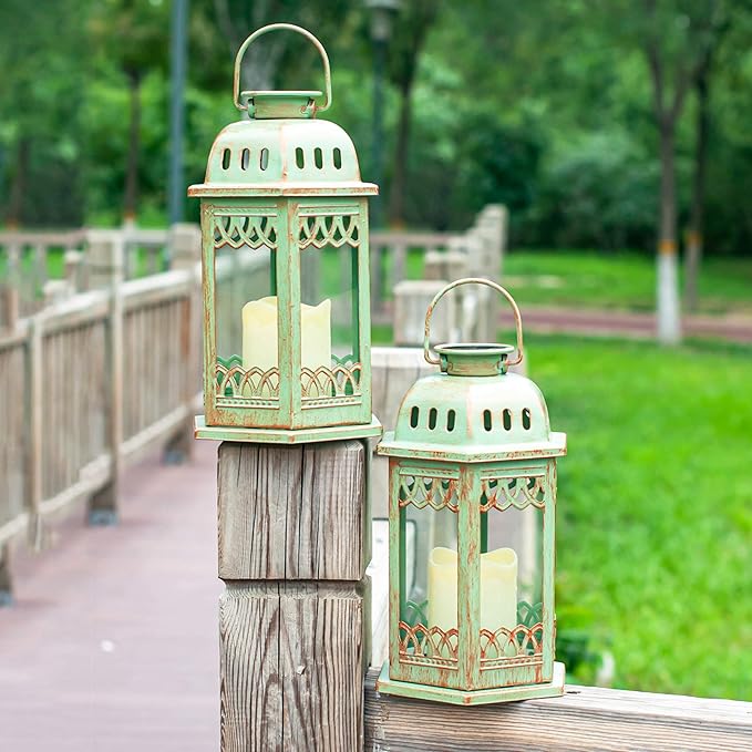 SteadyDoggie Solar Lanterns 2 Pack Green - Hanging Solar Lights with Flickering Candle LED - Retro Ornate Hanging Solar Lantern with Handle