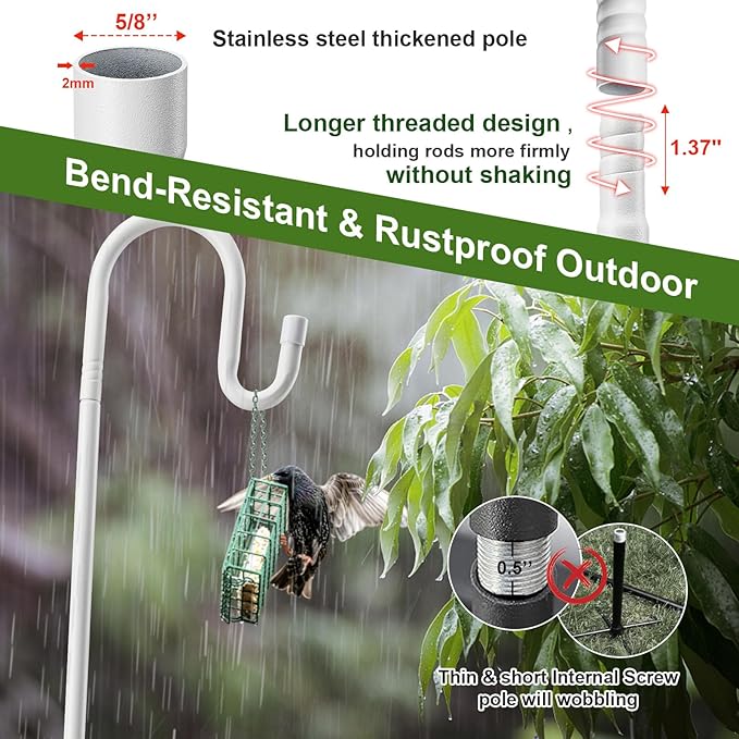 Bird Feeder Pole with Shepherds Hook - Heavy Duty Hummingbird Feeder Stand with 5 Prong,78" Adjustable Rustproof Garden Hooks Outdoor for Hanging Birdfeeder,Wind Chimes,Lanterns,Solar Lights,White