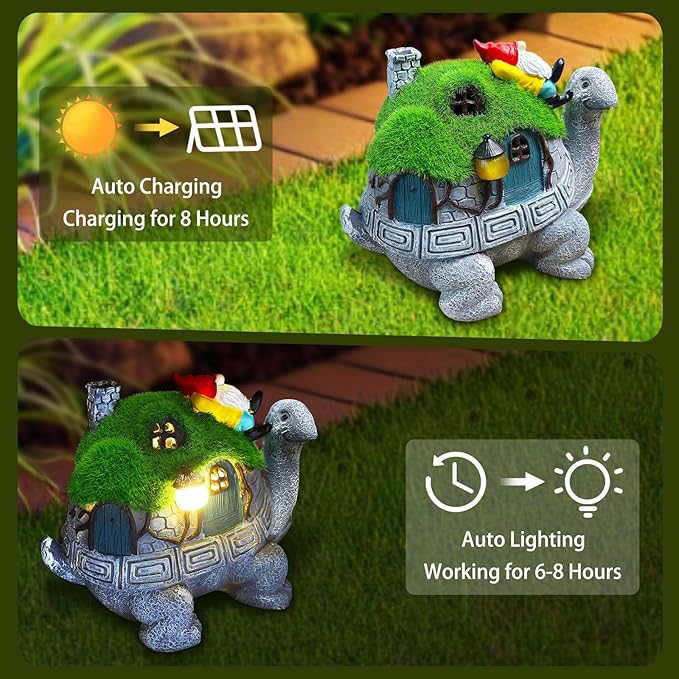 Turtle Solar Light Outdoor Garden Solar Turtle House Light Cute Turtle Garden Statue for Outdoor, Lawn Turtle with Gnome Statues Solar Light, Unique Gifts for Kindred Friend Yard Patio Decor