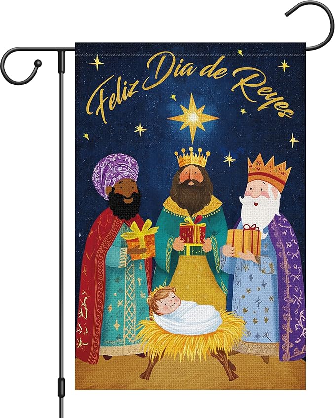 Heyfibro Feliz Dia De Reyes Garden Flag Three Kings Christmas Flags 12 x 18 Inch Double Sided Burlap,Nativity Christ Yard Banner for Xmas Winter Farmhouse Seasonal Decor(ONLY FLAG)