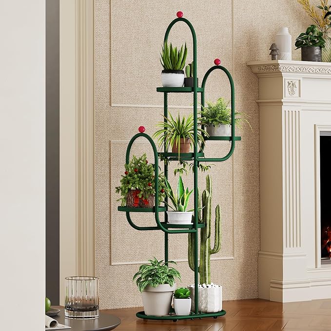 Bamworld Cactus Plant Stand Indoor for Succulents Cactus Tree Cactus Shelf Tall Plant Shelf Outdoor Corner Metal Plant Rack for Patio Garden Balcony Living Room Decor Green