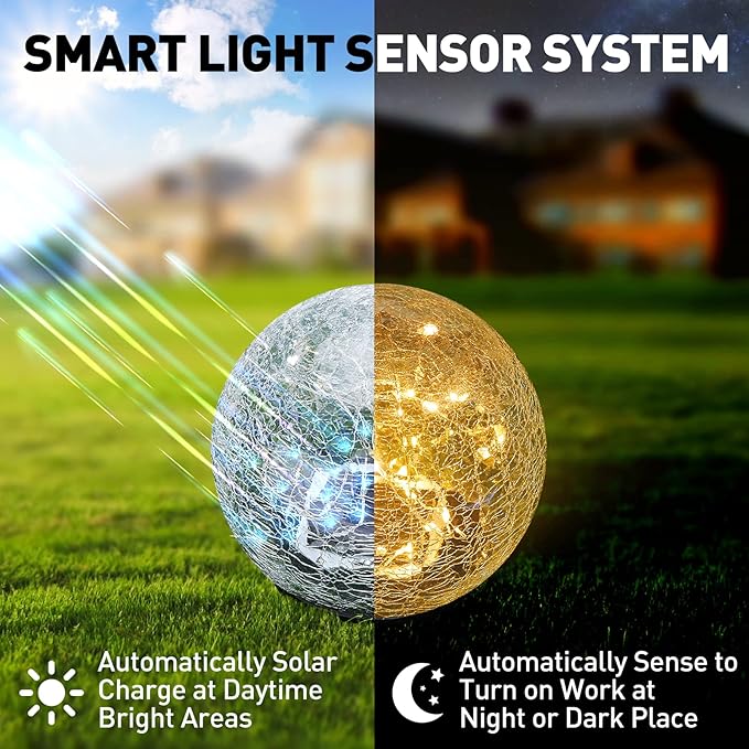 Garden Solar Lights Cracked Glass Ball Waterproof LED for Outdoor Decor Decorations Pathway Patio Yard Lawn, Warm White 2 Globe (4.7”)