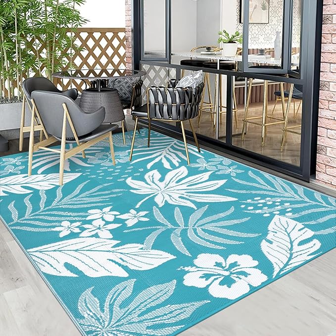 Pauwer Waterproof Outdoor Rug 5x8, Reversible Plastic Straw Patio Camping Rug, Indoor Outdoor RV Mat Carpet for Deck, Camper, Porch, Balcony, Backyard, Picnic, Floral Teal